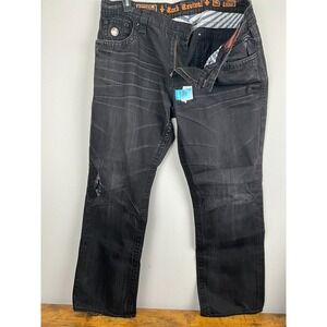 Rock Revival Anthony Straight Leg Jeans 42x32 Black Distressed Embroidered Denim